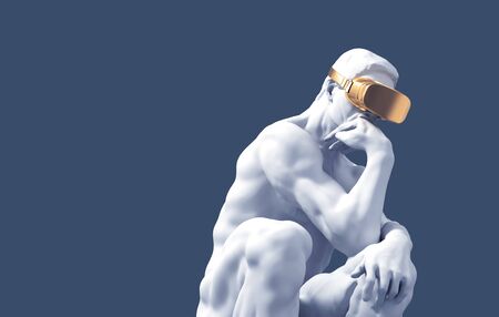 Sculpture Thinker With Golden VR Glasses Over Blue Backgroundの写真素材