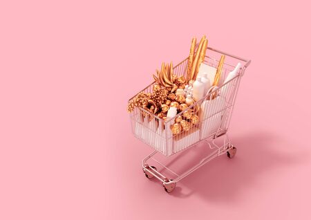Shopping Cart With Gold Products And White Goods On Pink Backgroundの写真素材