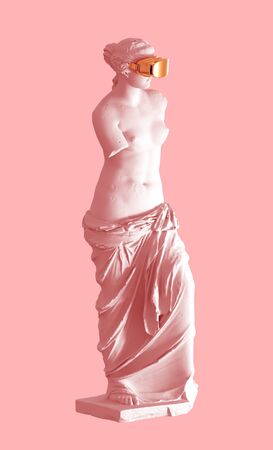 3D Model Aphrodite With Golden VR Glasses On Pink Background. Concept Of Art And Virtual Reality.の写真素材