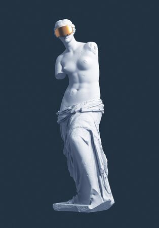 3D Model Aphrodite With Golden VR Glasses On Blue Background. Concept Of Art Inside Virtual Reality.の写真素材