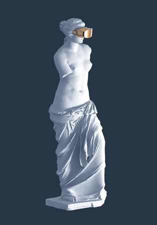3D Model Aphrodite With Golden Virtual Reality Glasses On Blue Background. Concept Of Art Inside Virtual Reality.の写真素材