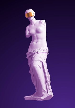 3D Model Aphrodite With Golden VR Glasses On Purple Backgroundの写真素材