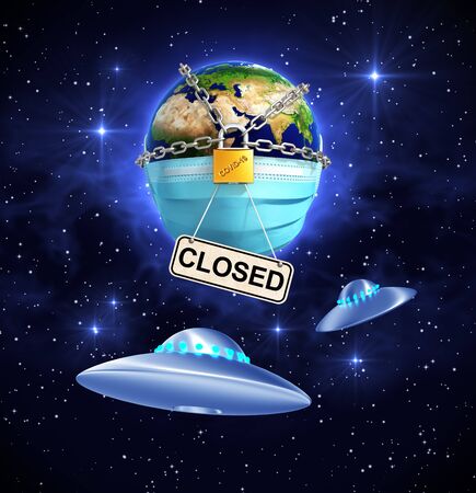 Two UFOs In Front Of The Locked Planet Earth With Nameplate Closedの写真素材