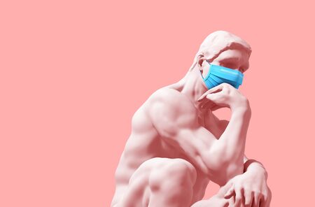 Thinker In Medical Mask On Pink Background. Concept Of Coronavirus Quarantine.