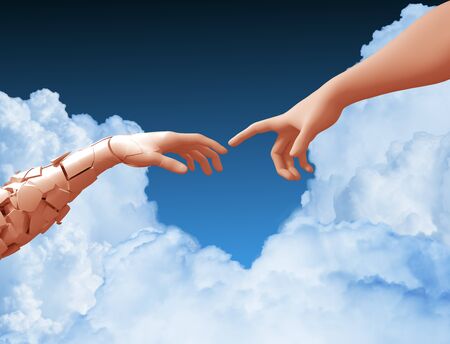 Two Hands And Clouds In The Blue Sky Create A Heart Shapeの写真素材