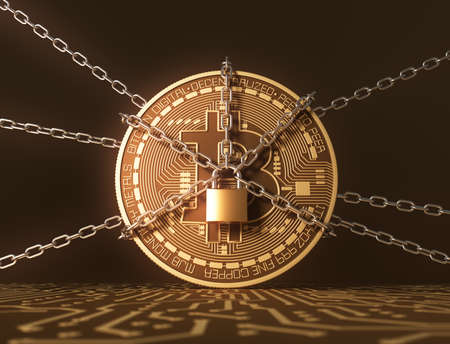Locked Bitcoin With Chains On Printed Circuit Board