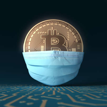 Virtual Coin Bitcoin On Medical Mask. Concept Of Bitcoin Protection.