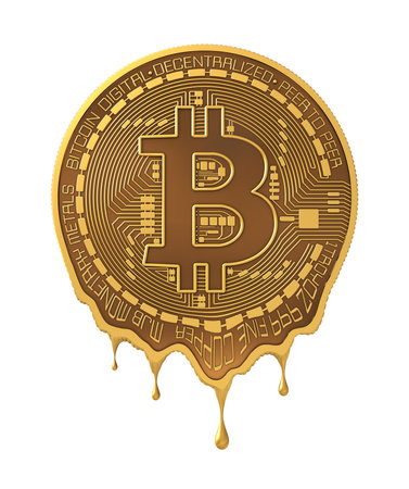 Molten virtual coin bitcoin isolated on white backgroundの写真素材
