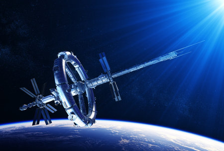 Futuristic Space Station In The Rays Of Blue Lightの写真素材