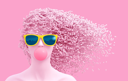 Head of a young woman and 3D pixels as hair on a pink background. 3d illustration.の写真素材