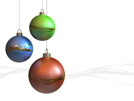 Red green and blue christmas balls hanging on white and gray waves background.の写真素材