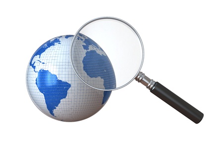 Global Search - Looking through a magnifying Glass on a globe.の写真素材
