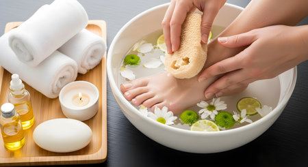 a relaxing spa day with a foot soak in a bowl with flowers, lime, and a loofah for exfoliation.の素材