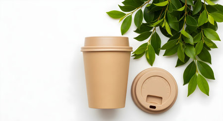 a disposable coffee cup with lid and green leaves on a white background in a flatlay compositionの素材