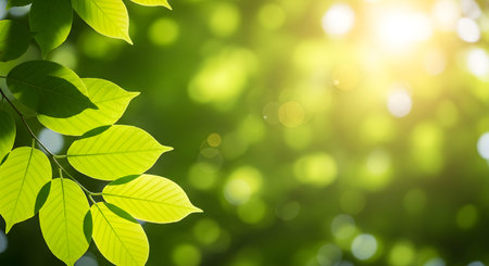 bright green leaves are illuminated by sunlight, creating a fresh and vibrant natural background sceneの素材