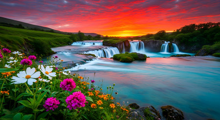 a beautiful landscape with waterfalls, flowers, and a vibrant sunset creating a peaceful atmosphereの素材
