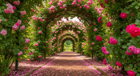 a beautiful rose garden tunnel with pink flowers and a path covered in petals creating a romantic viewの素材