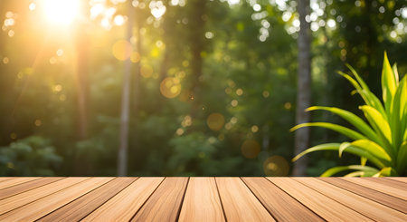a wooden deck overlooks a blurred green forest with bright sunlight shining through the trees aboveの素材