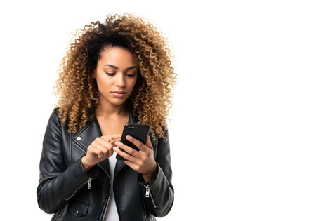 Young african american woman using mobile phone isolated on white backgroundの素材
