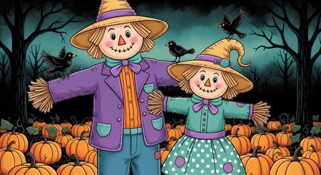 Halloween Illustration with Scarecrow and Scarecrow in the Forestの素材