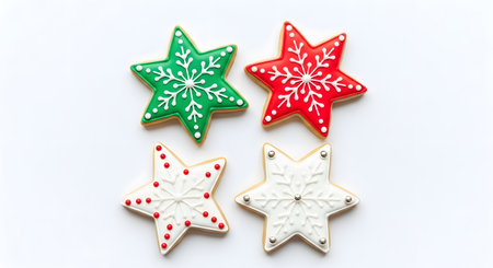 four star shaped christmas cookies with colorful icing and snowflake designs on a white background surfaceの素材
