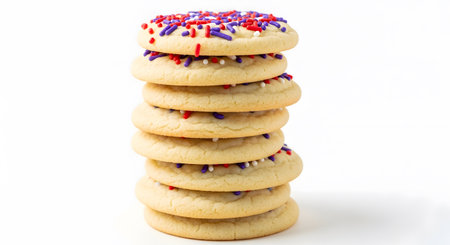 a stack of seven sugar cookies with red, white, and blue sprinkles on a white background. festive and sweetの素材