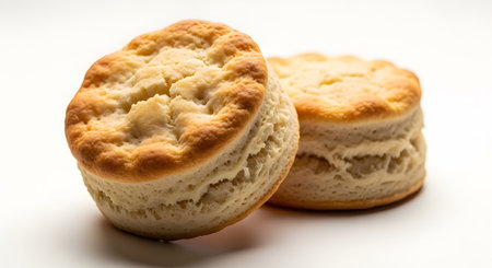 two golden biscuits are displayed on a white surface in a close up shot, perfect for breakfastの素材