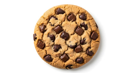 a single chocolate chip cookie is centered on a white background, shot from a top down perspectiveの素材