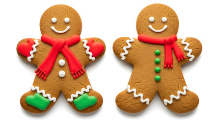 two gingerbread men with red scarves and green and white decorations isolated on a white backgroundの素材