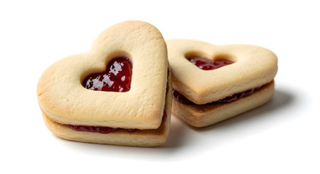 two heart shaped cookies with red jam filling on a white background in a studio shot close up viewの素材