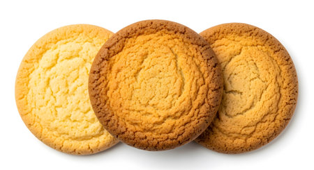 a close up shot of three round cookies, different shades of golden brown, on a white backgroundの素材