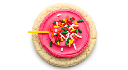 a delicious cookie with pink frosting and colorful sprinkles on a white background. yummy treat!の素材