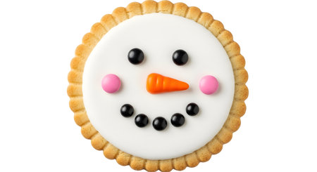 a close up of a cookie decorated like a snowman with a white face, black eyes, and an orange carrot noseの素材