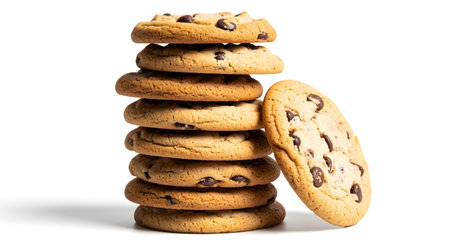 a stack of delicious chocolate chip cookies with one leaning against it, on a white background, isolated.の素材