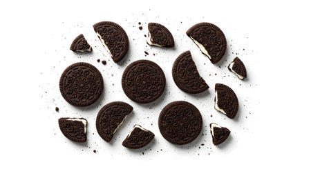 a flat lay arrangement of chocolate cookies, some whole and some broken, on a clean white backgroundの素材