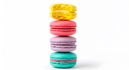 a stack of colorful macarons on a white background, showcasing their vibrant hues and delicate texturesの素材