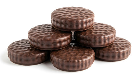 a stack of delicious chocolate covered wafer cookies isolated on a white background for a sweet treatの素材