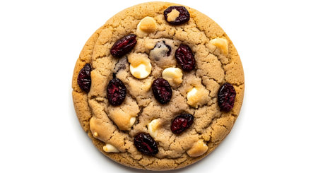 a single cranberry and white chocolate chip cookie on a white background, close up and isolated shotの素材