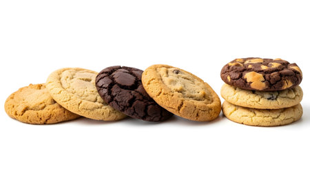 a variety of cookies are arranged on a white surface, a delicious assortment of baked goods.の素材