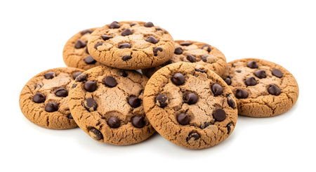 a delicious pile of chocolate chip cookies, isolated on a clean white background, perfect for a treatの素材