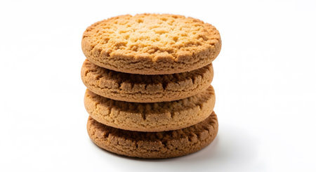 a stack of four golden brown cookies on a white background, perfect for a sweet treat or snack timeの素材