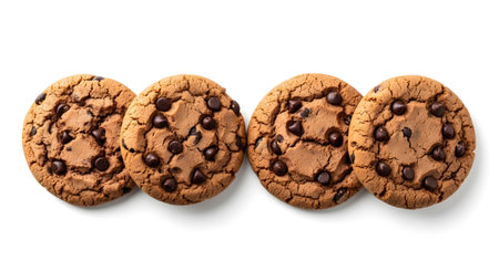 a row of four chocolate chip cookies are isolated on a white background, ready to be enjoyed by allの素材