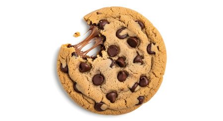 a single chocolate chip cookie with a bite taken out, revealing melted chocolate. Isolated on white.の素材