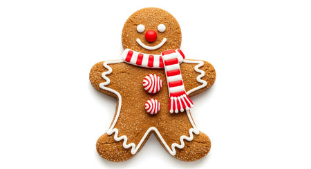 a gingerbread man with a red and white scarf isolated on a white background for christmas holidayの素材