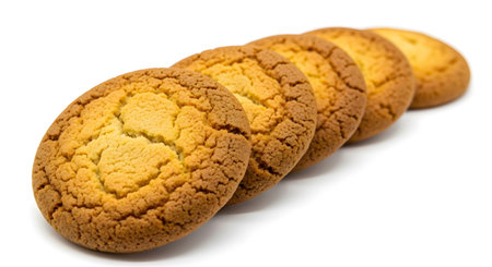 a close up row of four golden brown cookies on a white surface, isolated and ready to be enjoyed.の素材