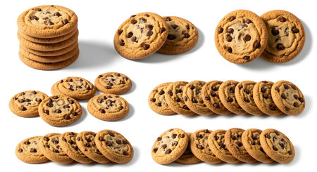 an assortment of chocolate chip cookies are arranged on a clean, bright, white background surfaceの素材