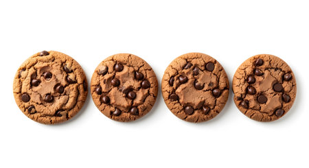 Chocolate chip cookies isolated on white background. Top view. Flat lay pattern.の素材
