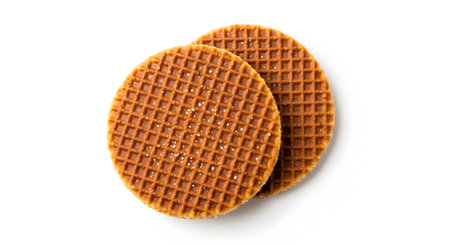 Round stroopwafel isolated on white background. Top view.の素材