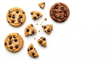 Chocolate chip cookies isolated on white background. Top view. Copy space.の素材