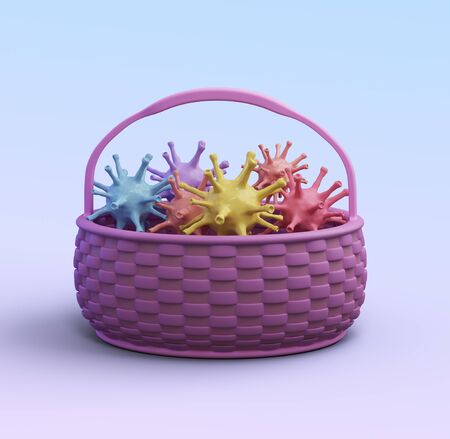 Coronavirus instead of eggs lies in an Easter basket. Coronavirus, disease, isolation, distance work and study. Celebration Easter canceled. 3d illustrationの写真素材
